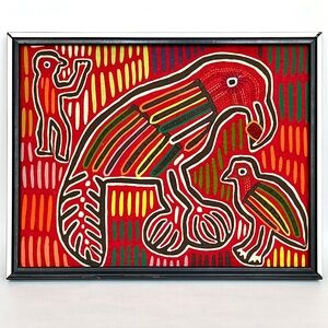 Vintage Mola Textile Kuna / Guna Art Colorful Bird Motif in Mid Century Frame